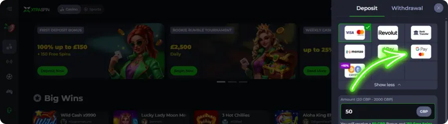 Google Pay selected in Xtraspin casino