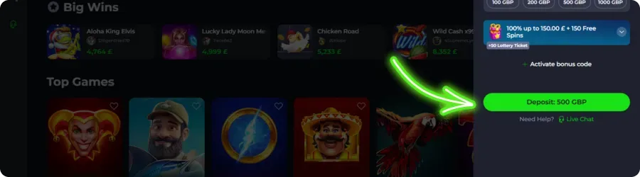 Completing deposit in Xtraspin casino
