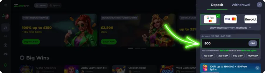 Entering deposit amount in Xtraspin casino
