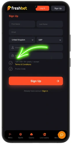 FreshBet registration – accept Terms & Conditions