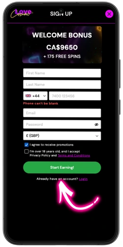 Love Casino – Sign Up form, Start Earning button