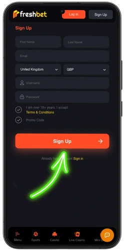 FreshBet registration – click Sign Up button