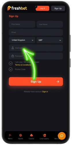 FreshBet registration – enter username and password
