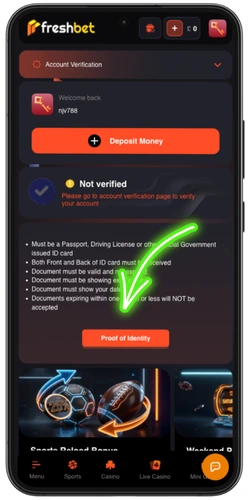 FreshBet – Proof of Identity verification page