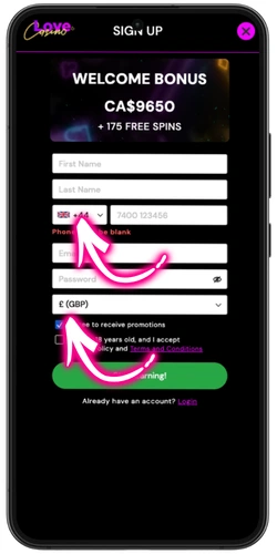 Love Casino – Sign Up form with currency selection