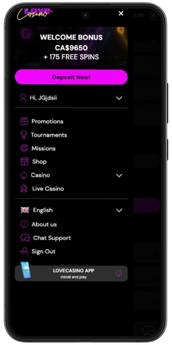 Love Casino – account menu after login