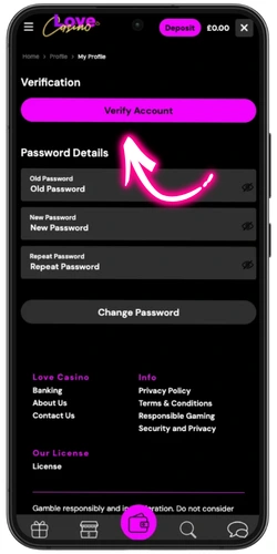 Love Casino – Verify Account button in profile